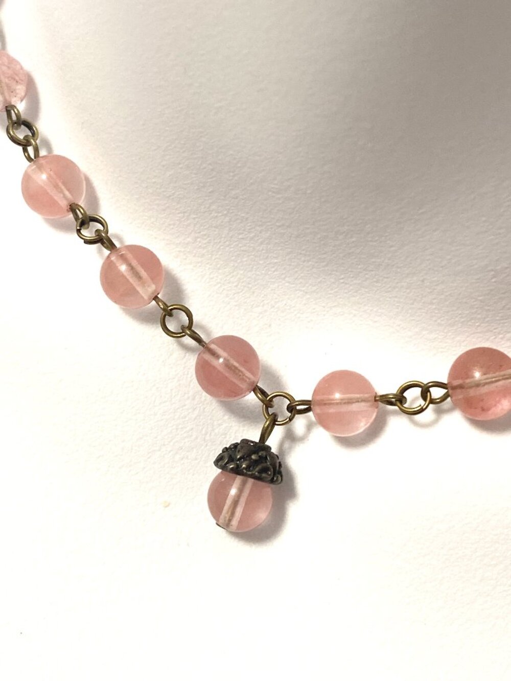 Cherry Quartz Short Adjustable Necklace w/ Cute Bronze Acorn Pendant